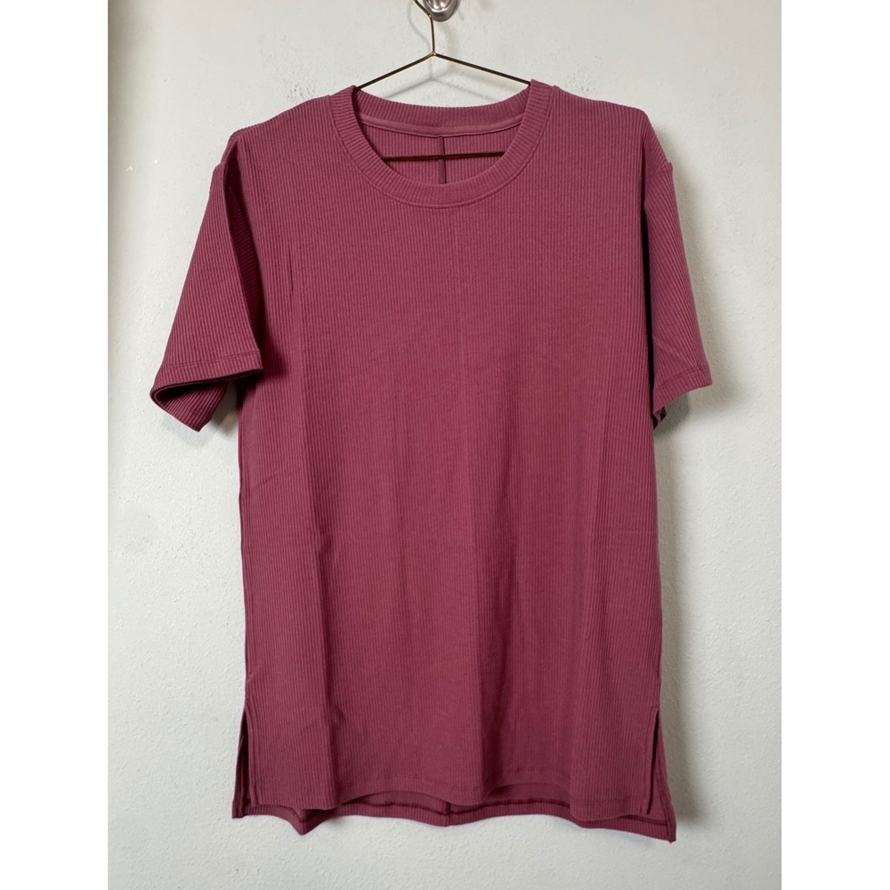 Woolx Vera Merino Wool Ribbed Tunic Loose Fit Pink Short Sleeve Crew Neck Small